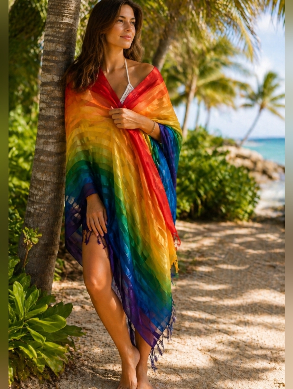 Large Rainbow Scarf Wrap Skirt Art Swim Cover Subdued Stripes Vivid 5'8"x3'6"